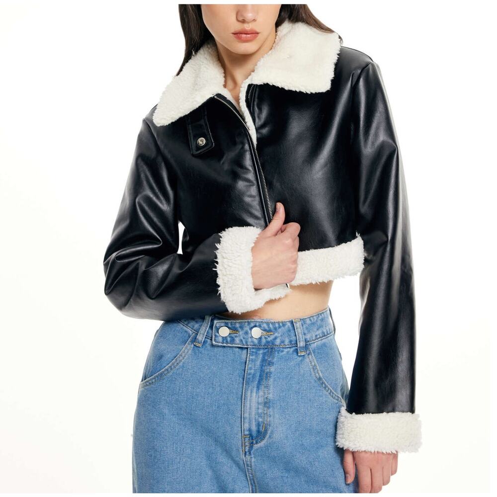 Cider Vegan Leather Shearling Collared Cropped Jacket S